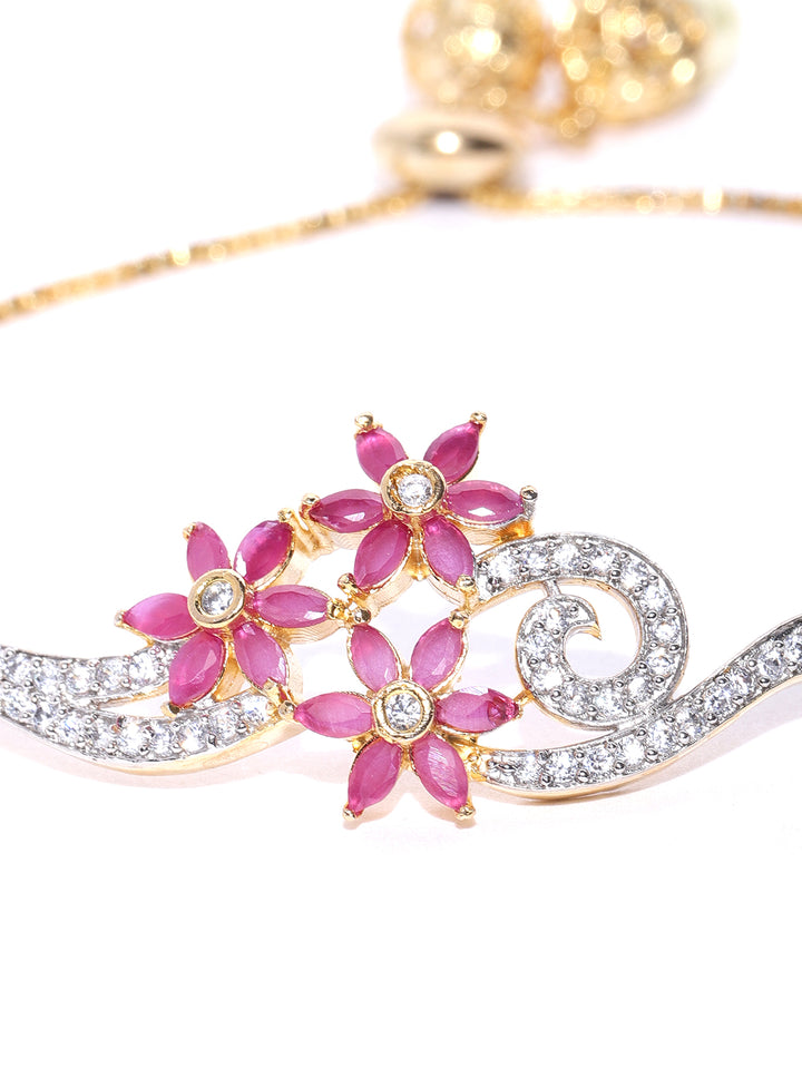 Priyaasi American Diamond and Ruby Studded Floral Patterned Link Bracelet in Magenta Color