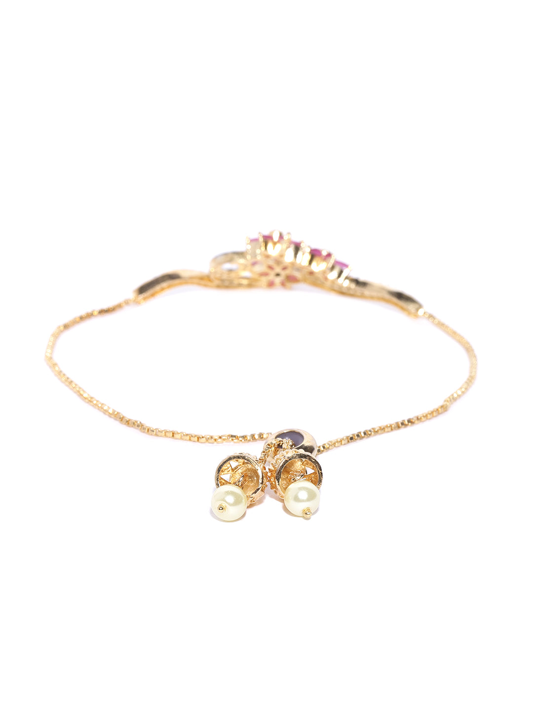 Priyaasi American Diamond and Ruby Studded Floral Patterned Link Bracelet in Magenta Color