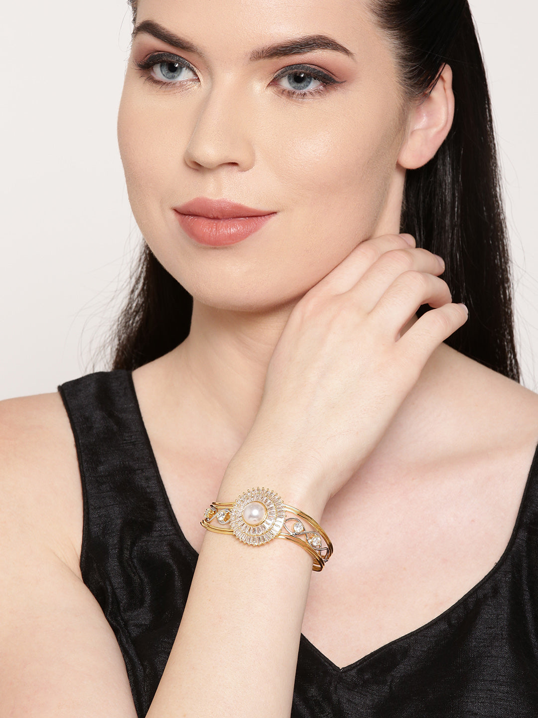 Gold-Plated American Diamond and Pearls Studded Cuff Bracelet in Floral Pattern