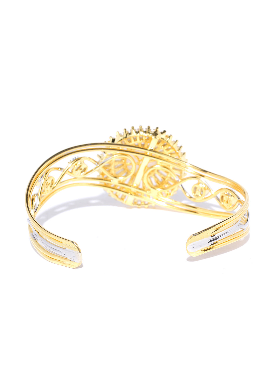 Gold-Plated American Diamond and Pearls Studded Cuff Bracelet in Floral Pattern