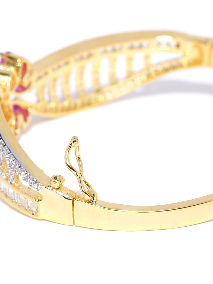 Gold-Plated American Diamond Pink Floral Bracelet