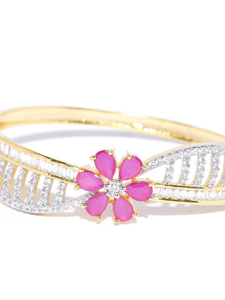 Gold-Plated American Diamond Pink Floral Bracelet