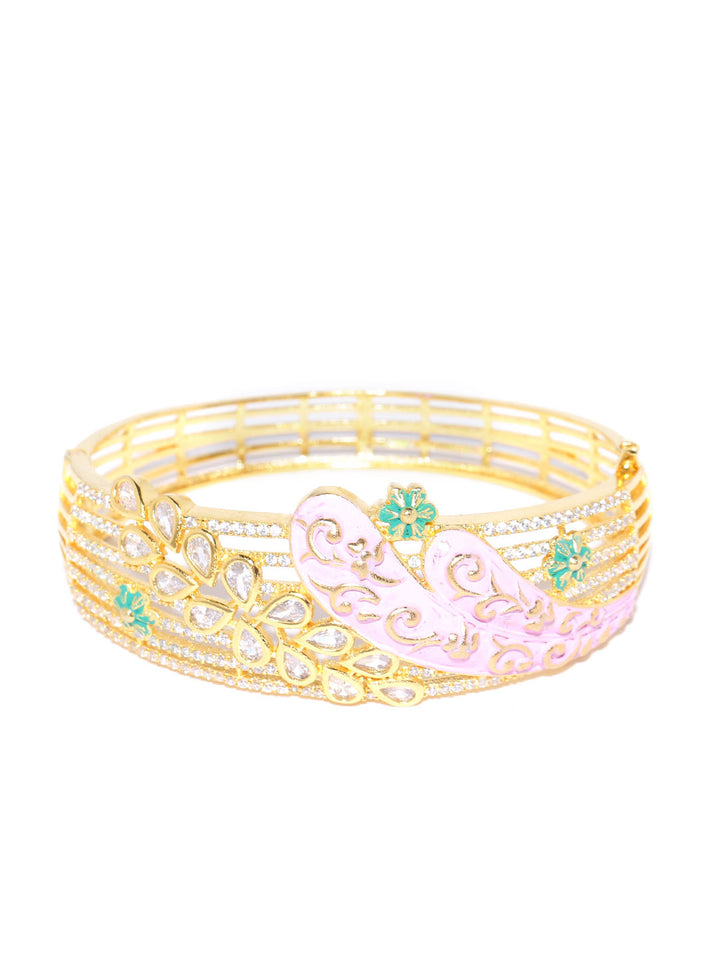 Gold-Plated American Diamond Studded, Meenakari Kada Bracelet in Pink and Green Color