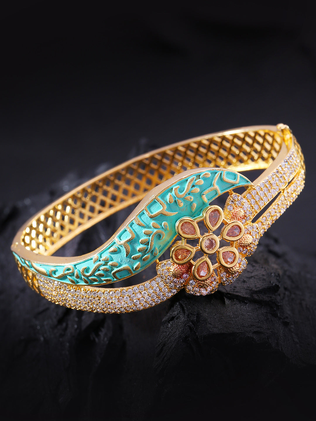 Gold-Plated American Diamond Studded, Meenakari Kada Bracelet in Green Color