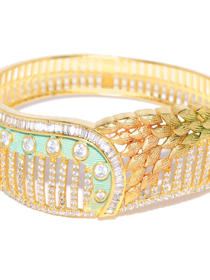Gold Plated Self Design AD Studded Floral Meenakari Sea Green Openable Bracelet