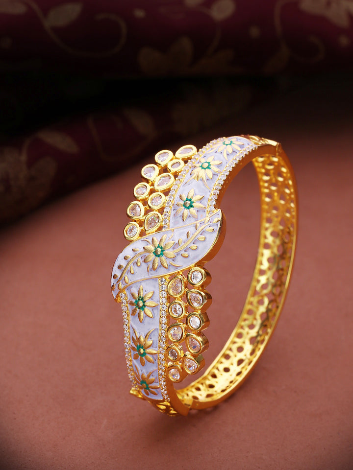 Gold-Plated American Diamond Studded, Meenakari Kada Bracelet in Lavender Color