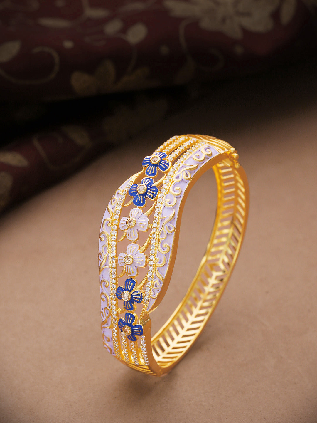 Gold Plated Self Design Stone Studded Meenakari Sky Blue Bracelet
