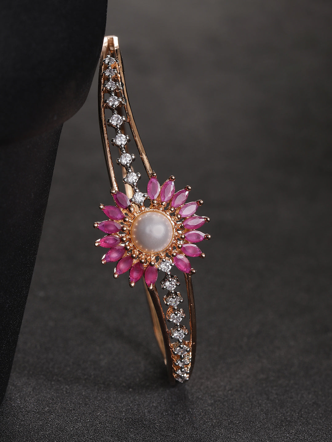 Gold-Plated American Diamond and Ruby Studded Floral Patterned Bracelet in Magenta Color