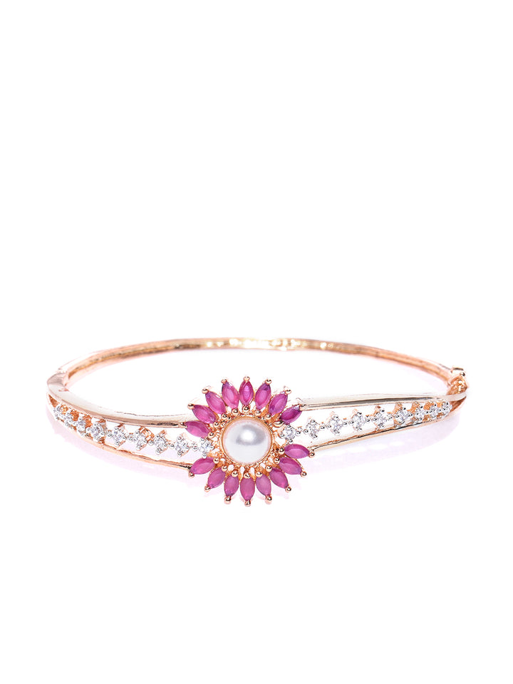 Gold-Plated American Diamond and Ruby Studded Floral Patterned Bracelet in Magenta Color