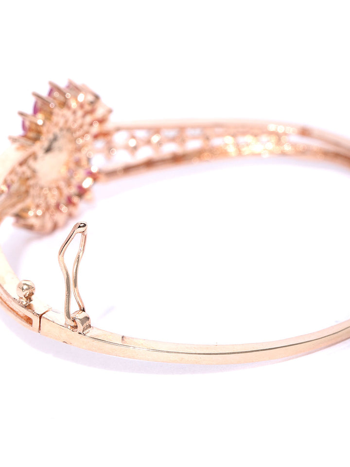 Gold-Plated American Diamond and Ruby Studded Floral Patterned Bracelet in Magenta Color