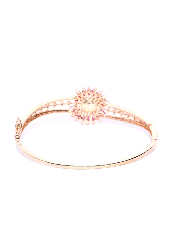 Gold-Plated American Diamond and Ruby Studded Floral Patterned Bracelet in Magenta Color