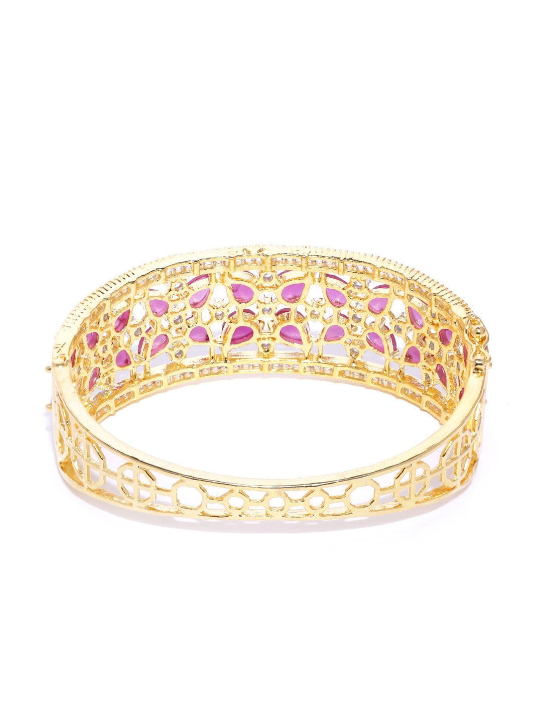 Gold-Plated American Diamond and Ruby Studded, Floral Patterned Kada Bracelet in Pink Color