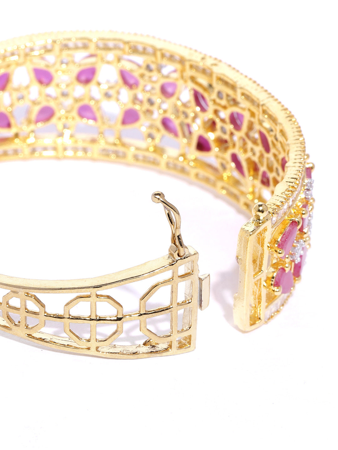 Gold-Plated American Diamond and Ruby Studded, Floral Patterned Kada Bracelet in Pink Color