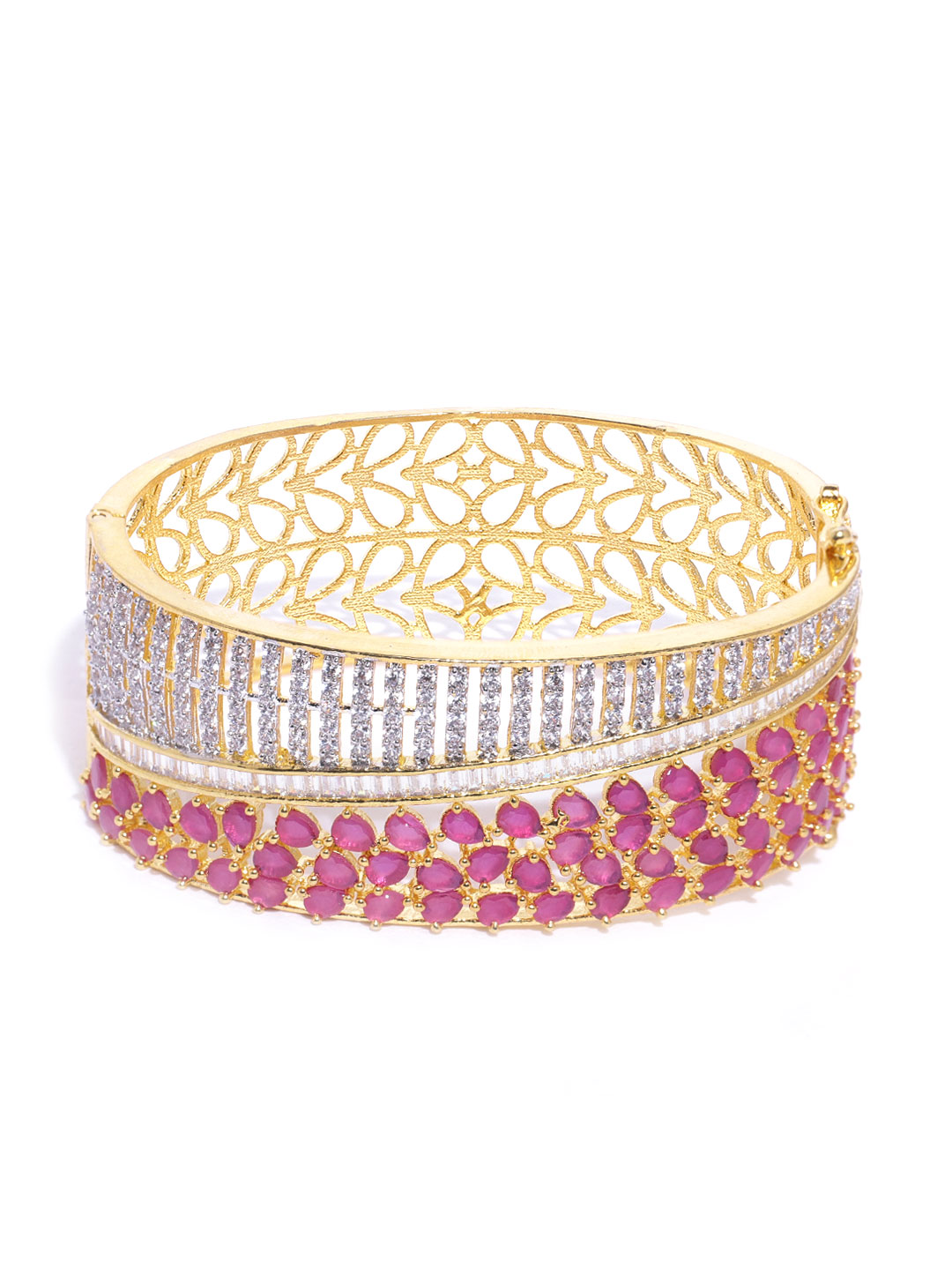 Gold-Plated American Diamond and Ruby Studded, Floral Patterned Kada Bracelet