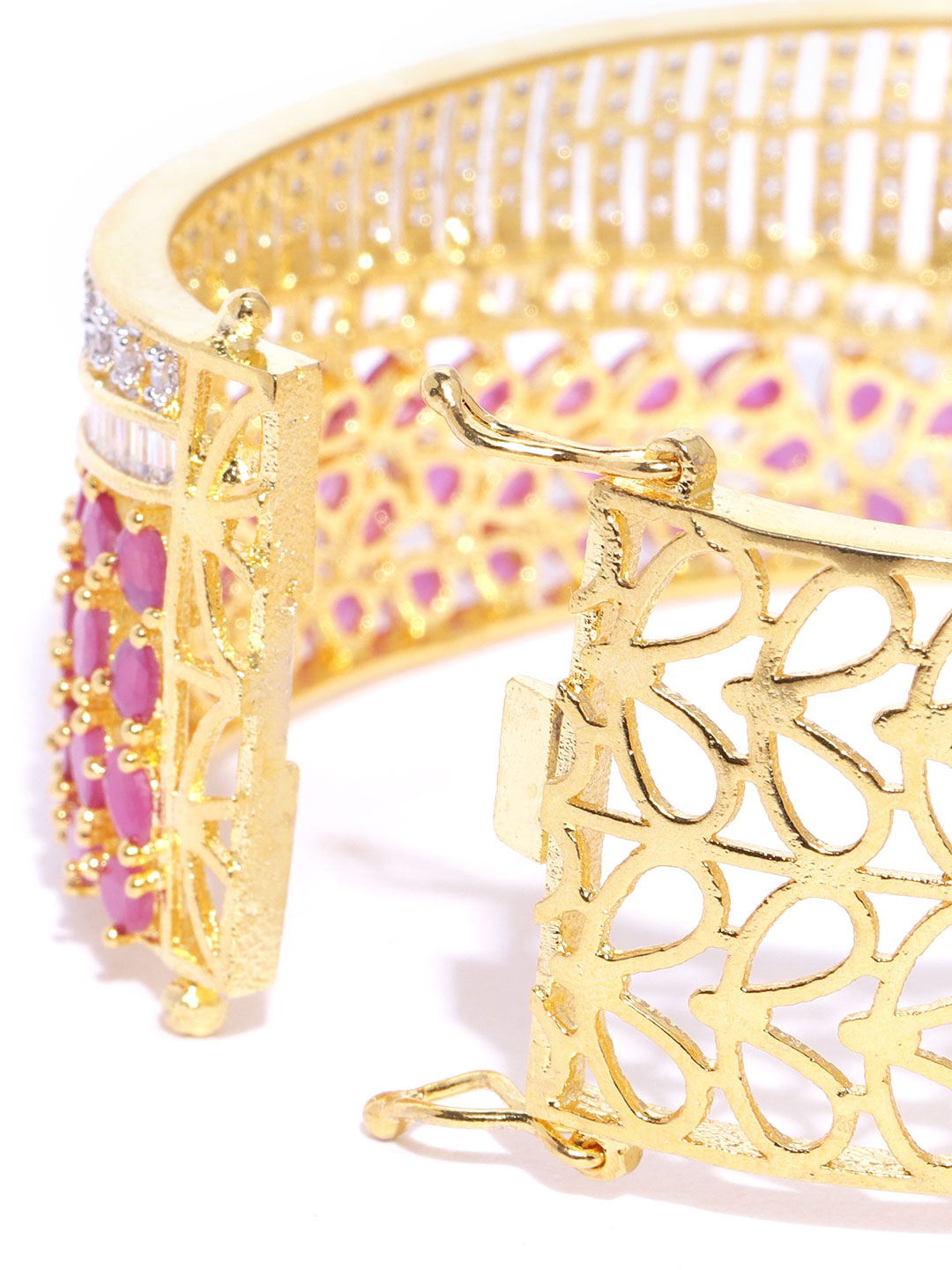 Gold-Plated American Diamond and Ruby Studded, Floral Patterned Kada Bracelet