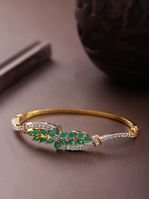 Gold-Plated Green American Diamond Floral Patterned Bracelet