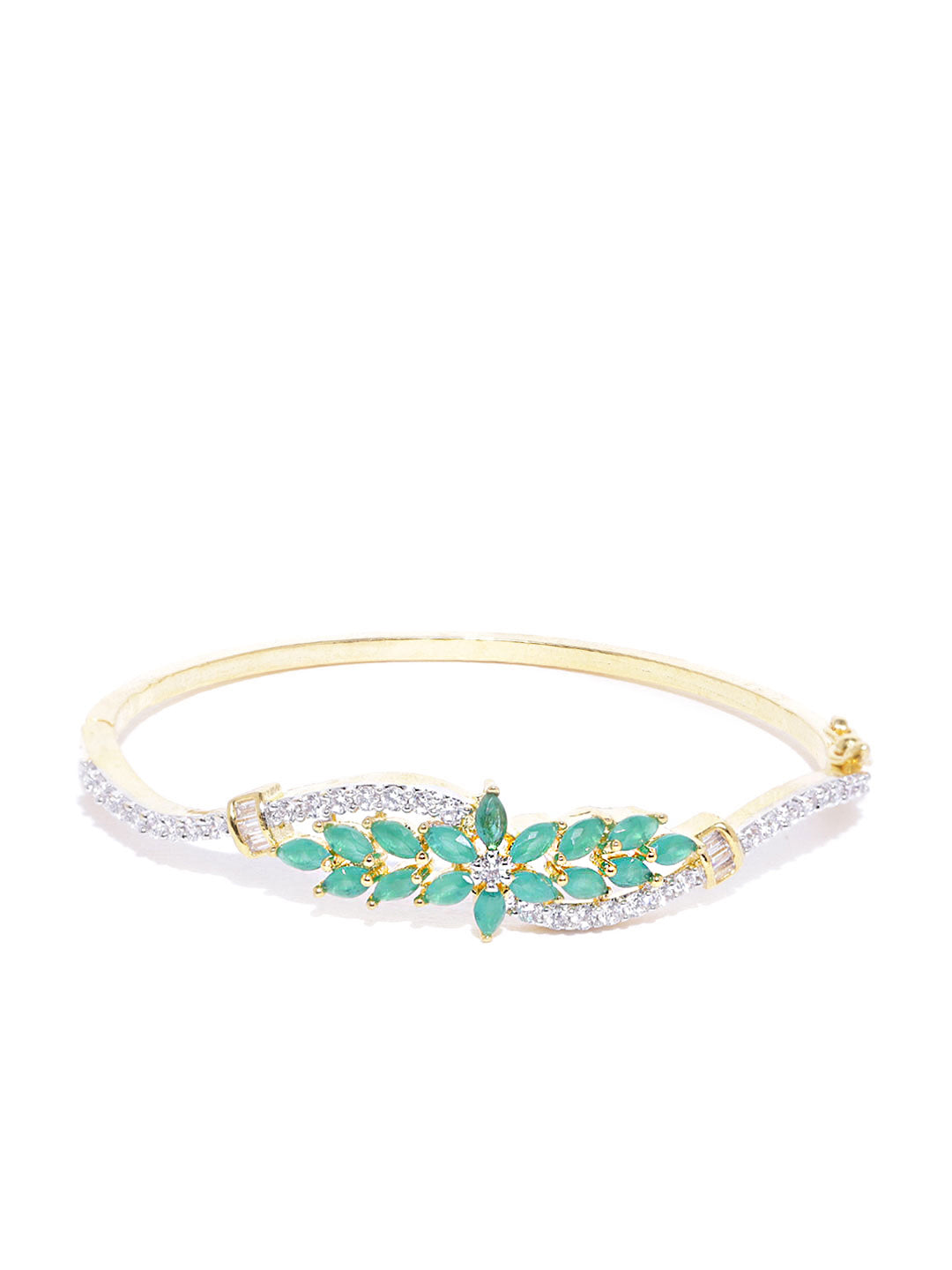 Gold-Plated Green American Diamond Floral Patterned Bracelet