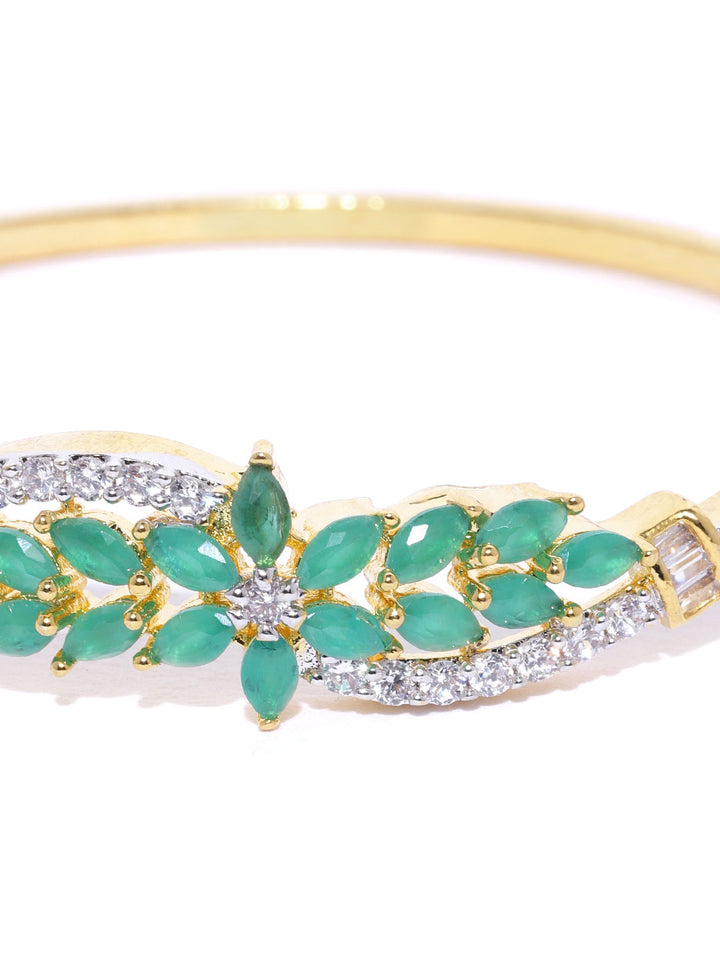 Gold-Plated Green American Diamond Floral Patterned Bracelet