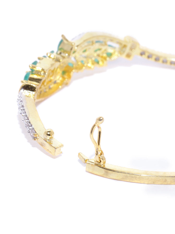 Gold-Plated Green American Diamond Floral Patterned Bracelet