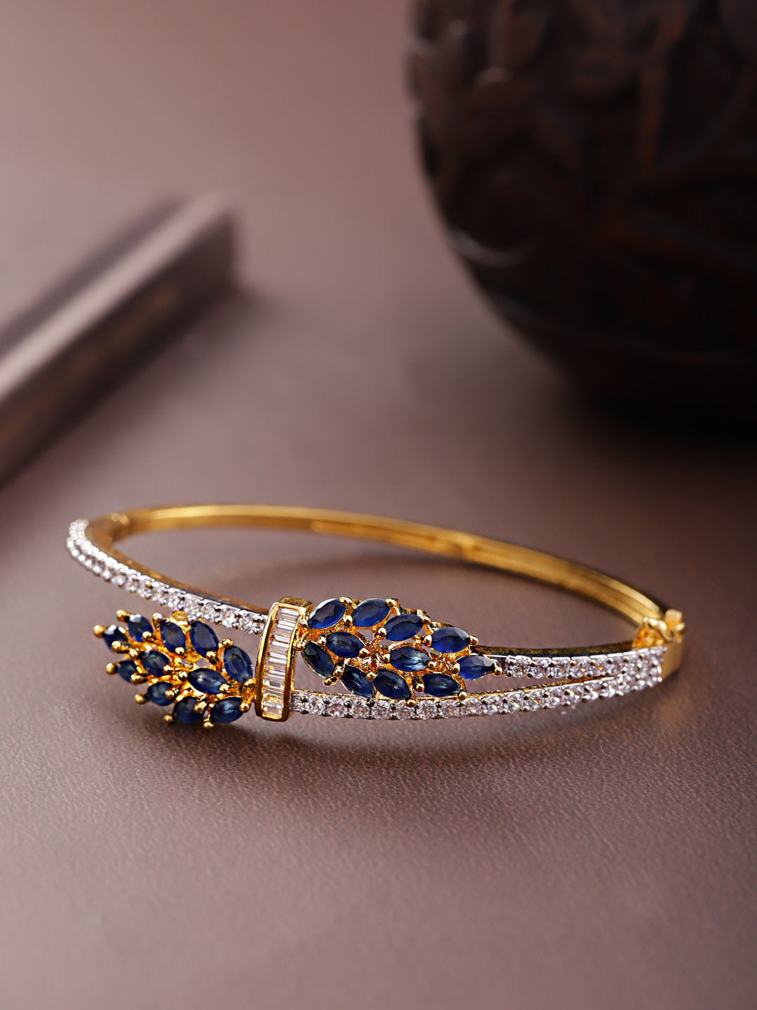 Gold-Plated American Diamond Studded, Floral Patterned Bracelet in Blue Color