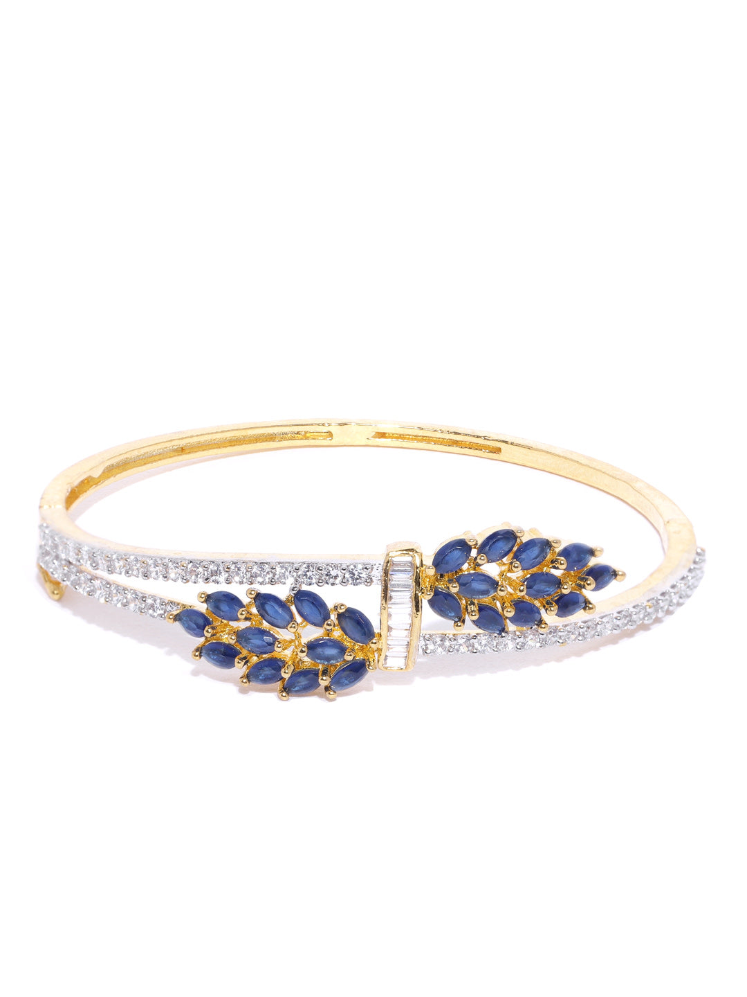 Gold-Plated American Diamond Studded, Floral Patterned Bracelet in Blue Color