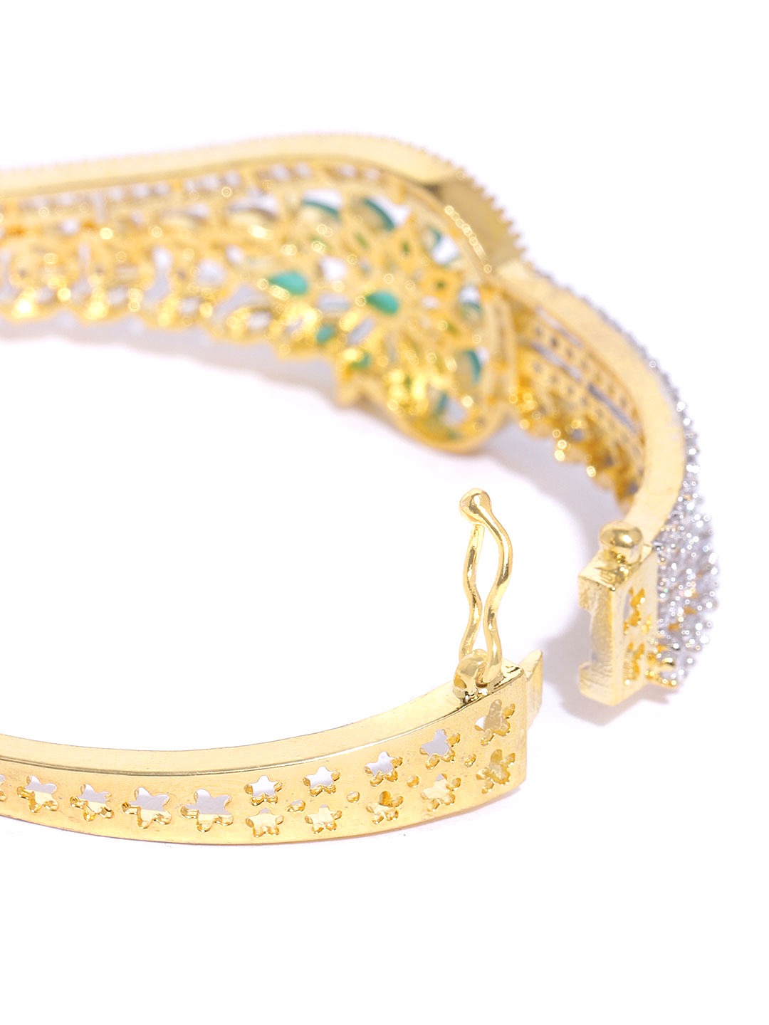 Gold-Plated American Diamond and Emerald Studded, Floral Patterned Bracelet in Green Color