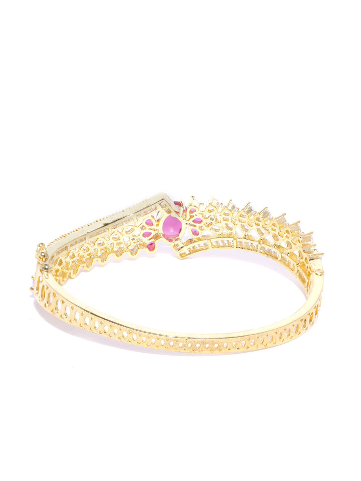 Gold-Plated American Diamond And Ruby Studded Bracelet in Pink Color