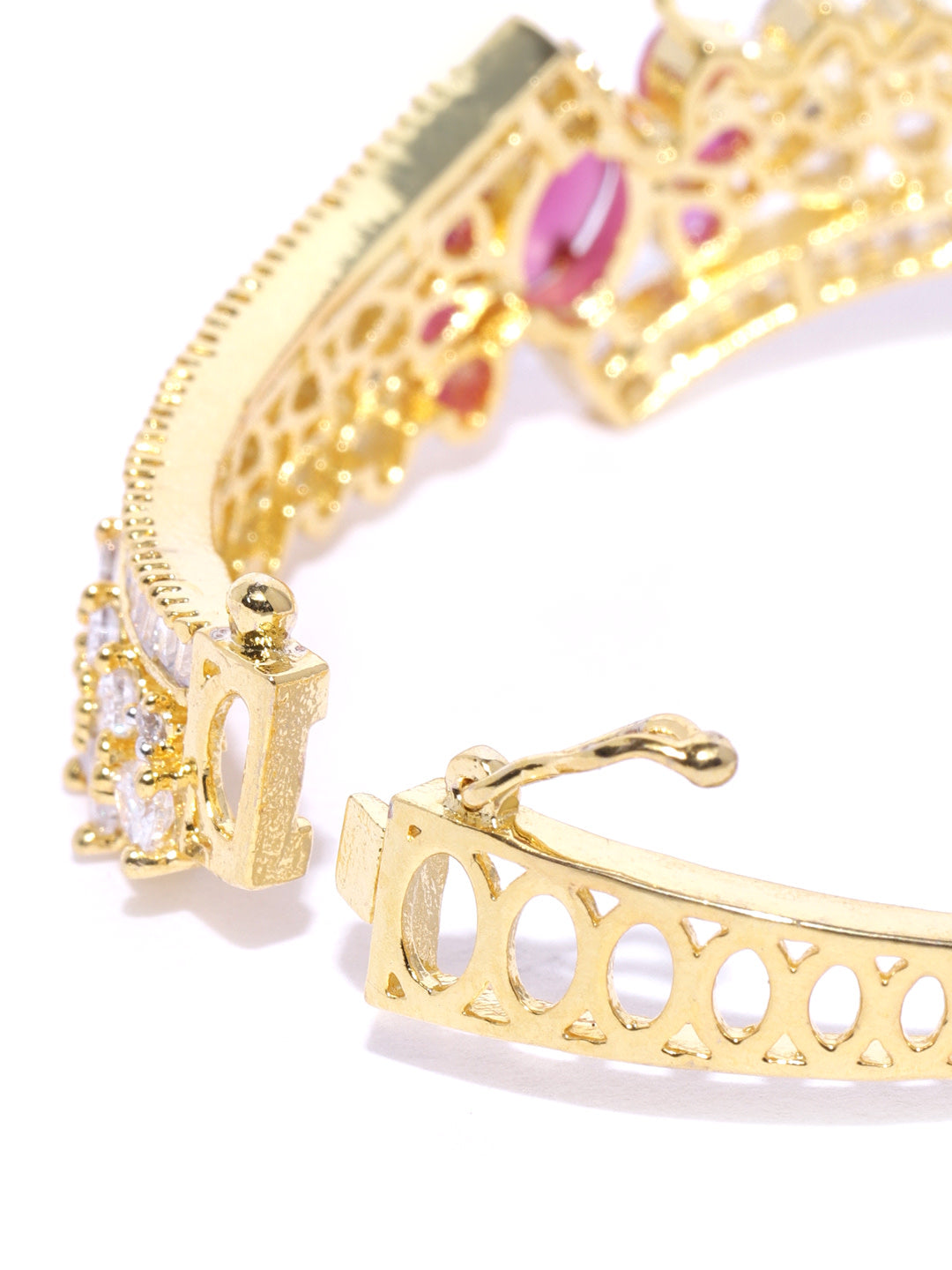 Gold-Plated American Diamond And Ruby Studded Bracelet in Pink Color