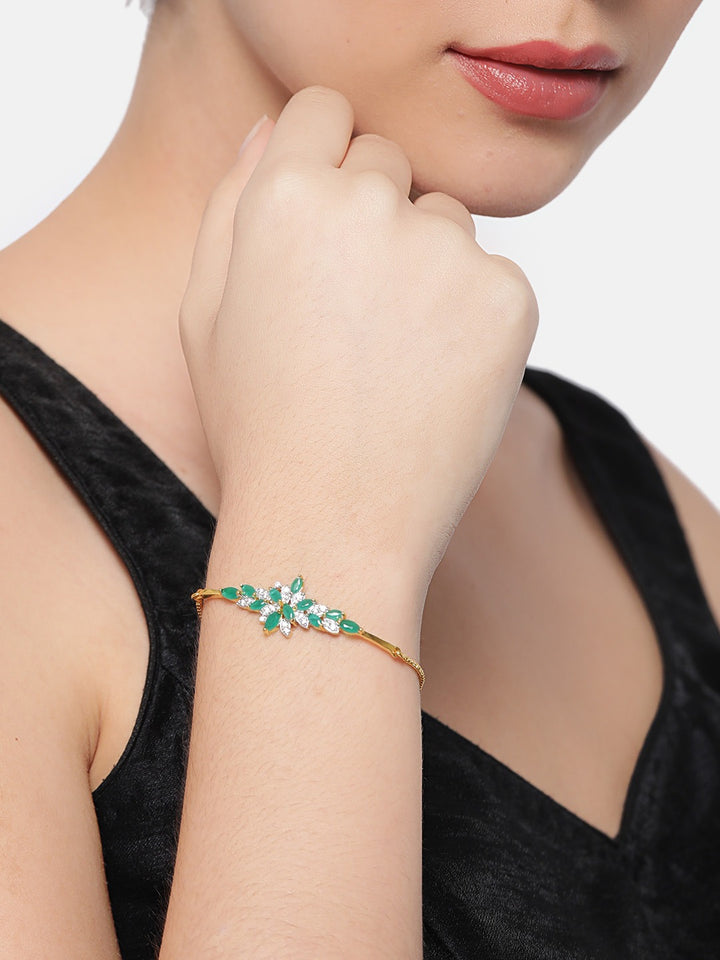 Gold Plated Floral Pattern AD & Emerald Studded Adjustable Charm Bracelet