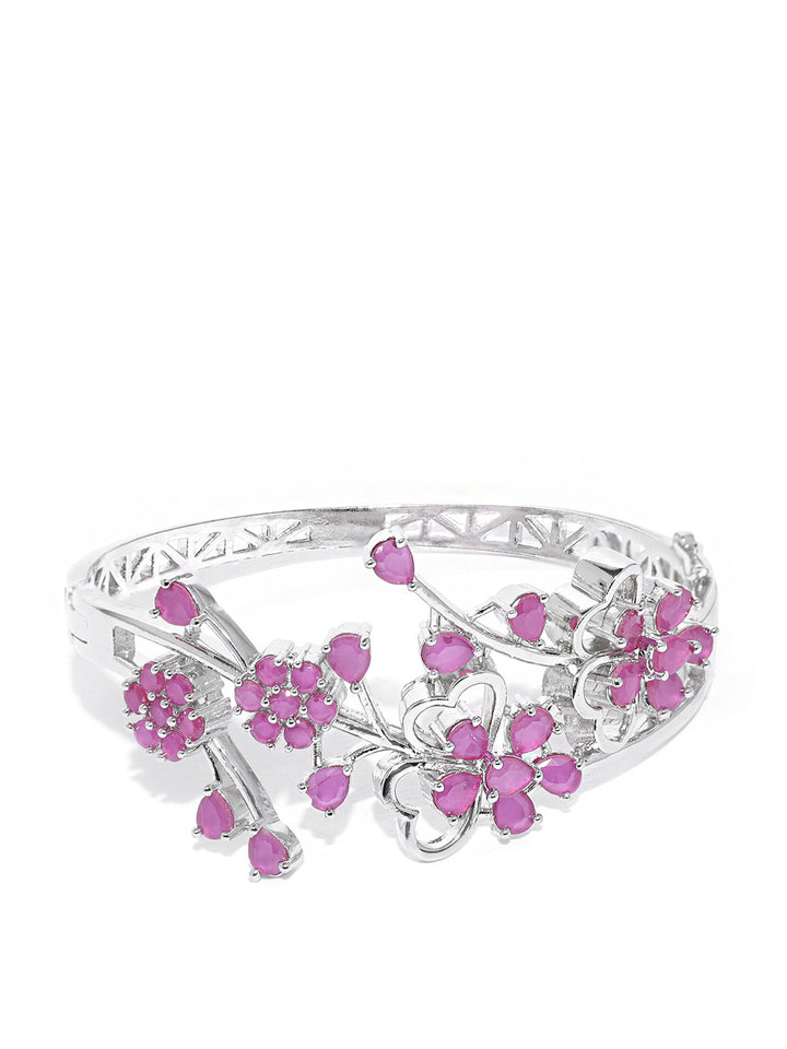 Silver-Plated Stones Studded Floral Patterned Kada Bracelet in Purple Color