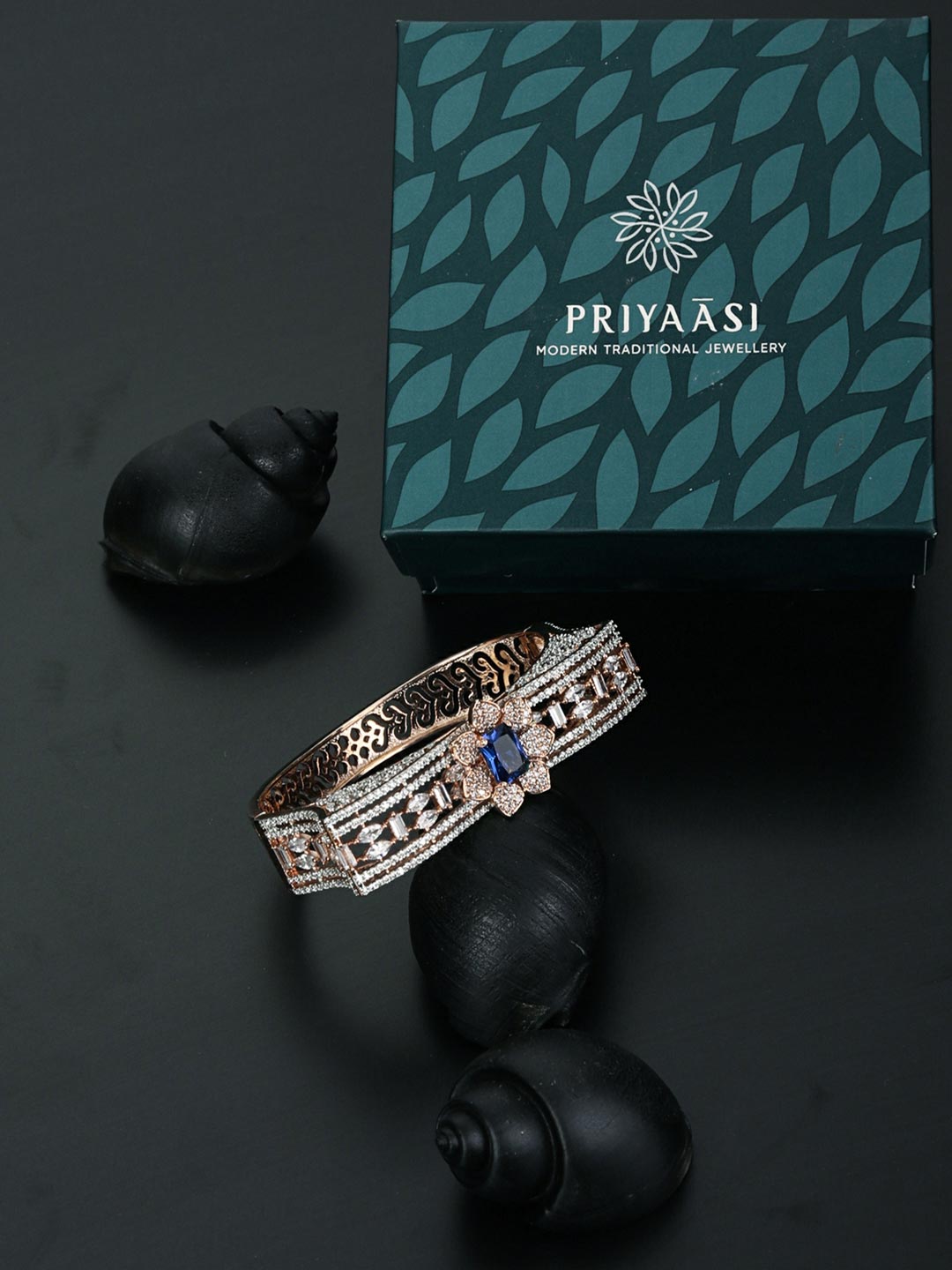 Blue Stones American Diamond Rose Gold Plated Bracelet