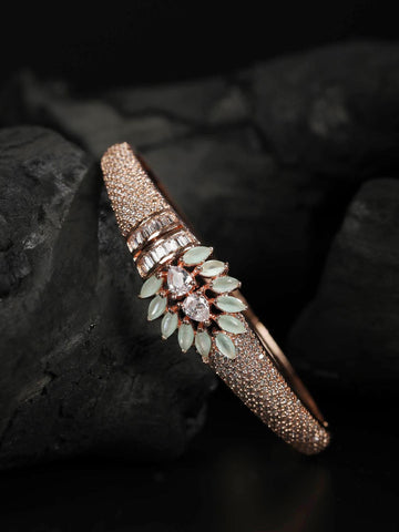 Mint Green Rose Gold Plated American Diamond Leaf shaped Bracelet