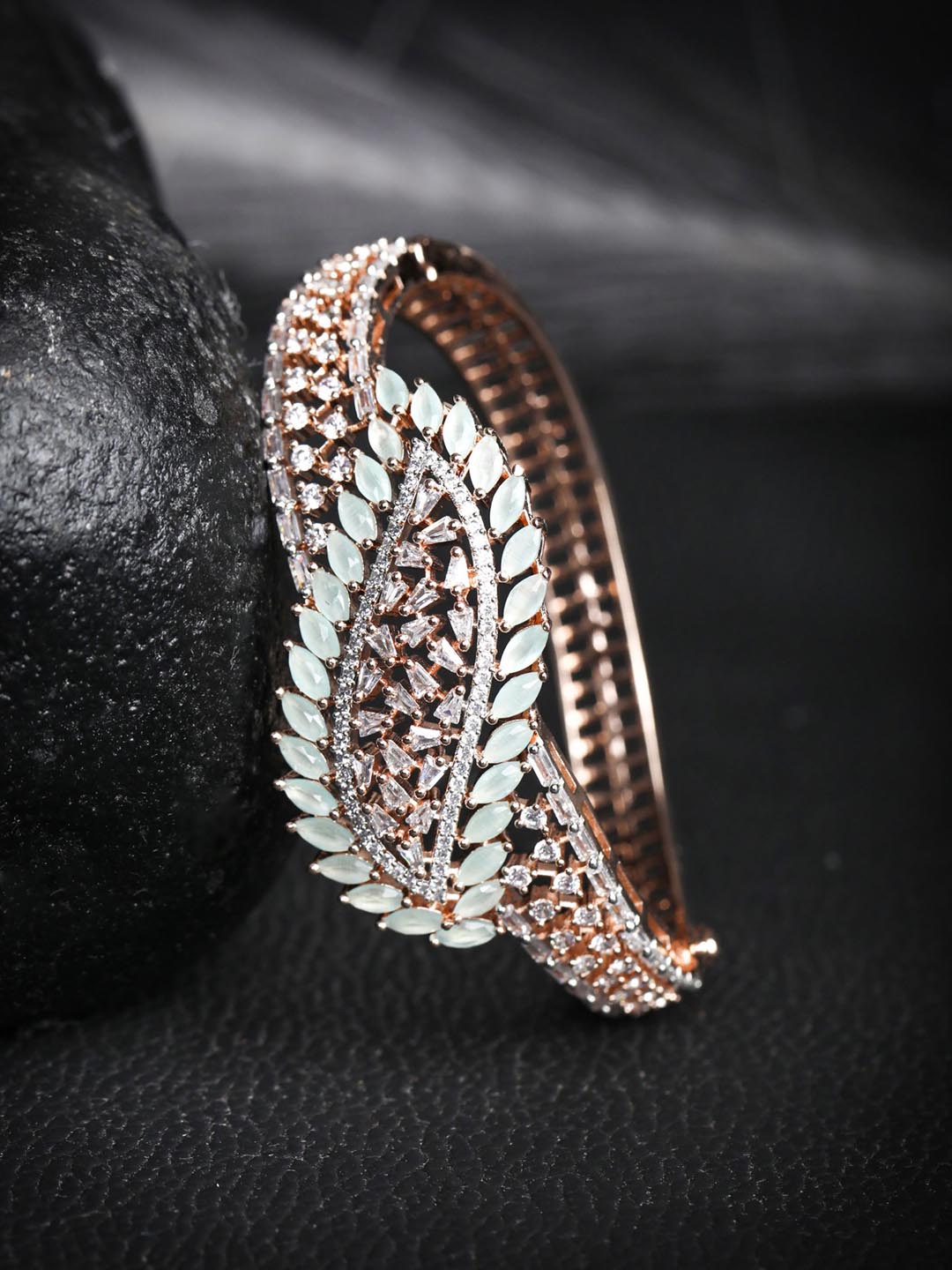 American Diamond Rose Gold Plated Leaf Bangle Style Bracelet