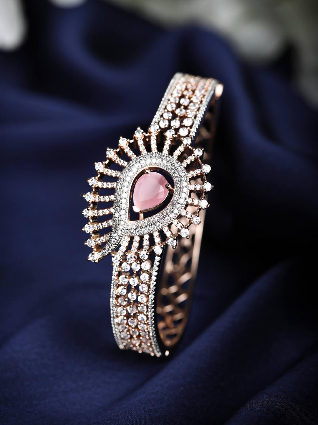 Blush Bond-Pink American Diamond Rose Gold Plated Floral Bangle Style Bracelet