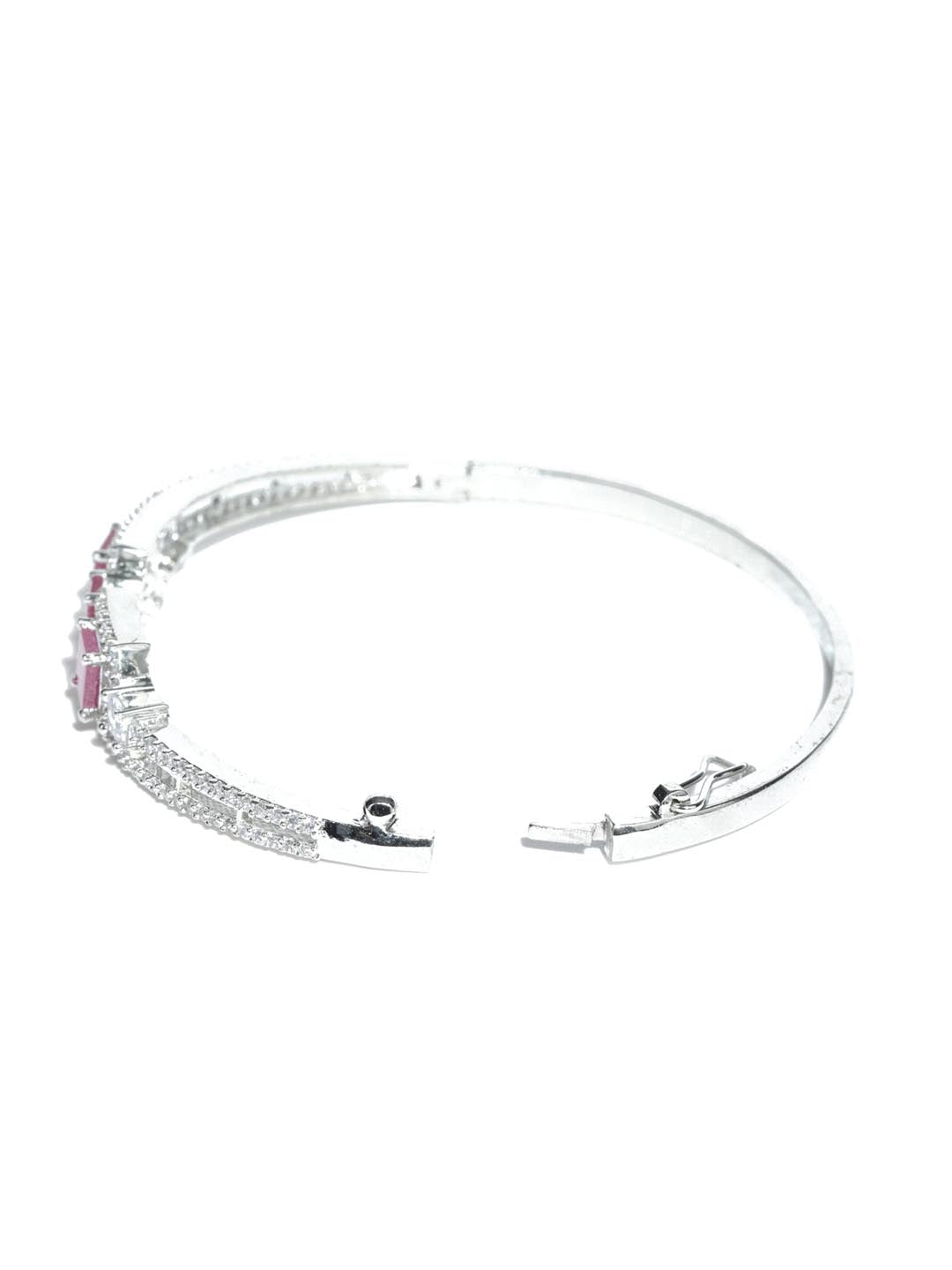 Magenta American Diamond Silver Plated Floral Bangle Style Bracelet