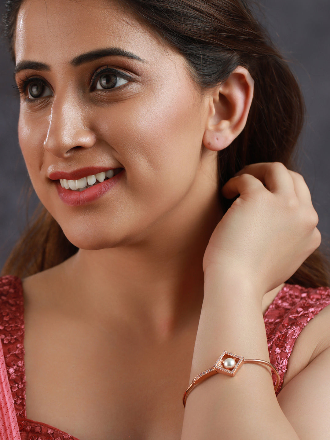 Priyaasi Geometric Studded Pearl Rose Gold Plated Bracelet