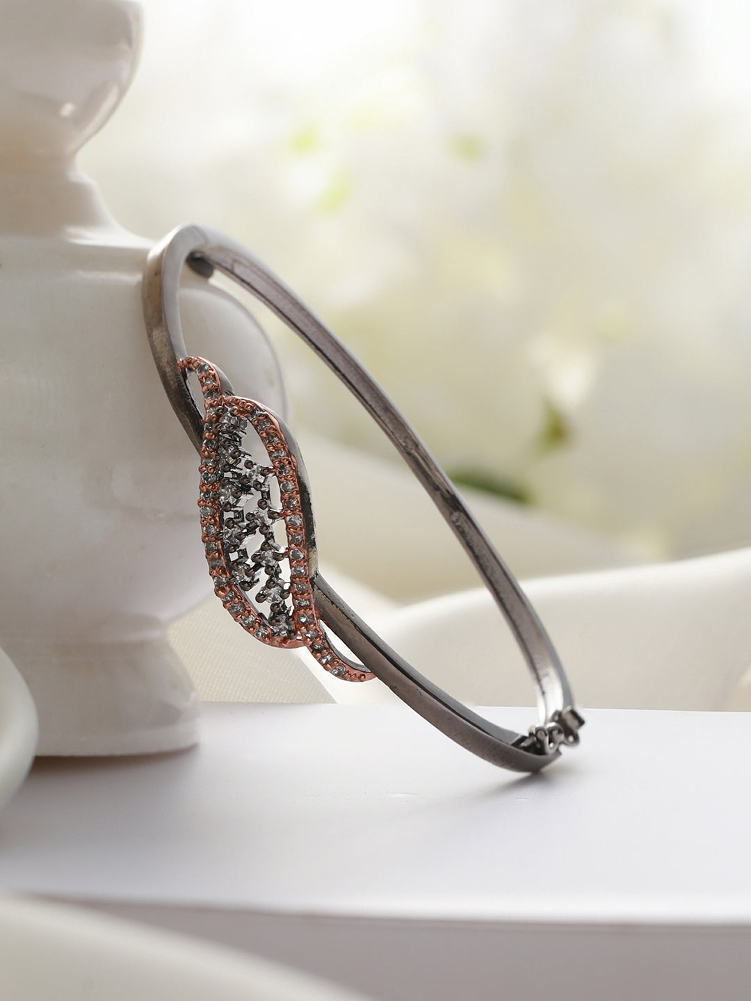 Elegant Leaf AD Studded Rose Gold Silver-Plated Bracelet