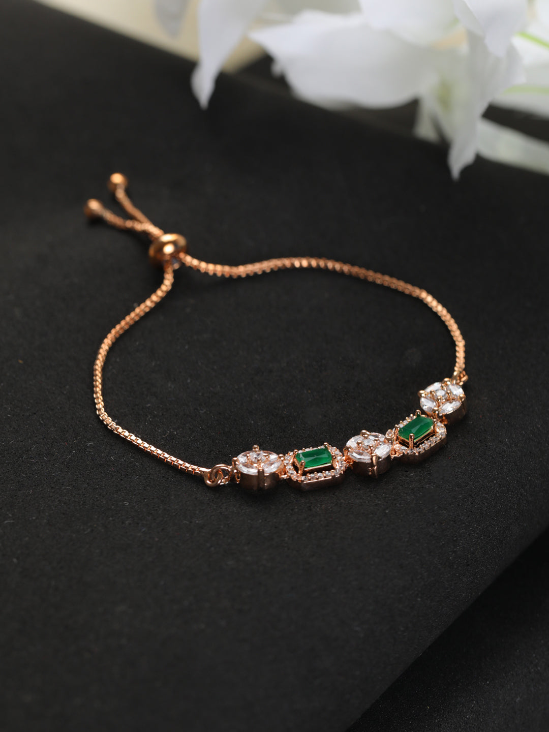 Priyaasi Green Floral AD Rose Gold-Plated Link Bracelet