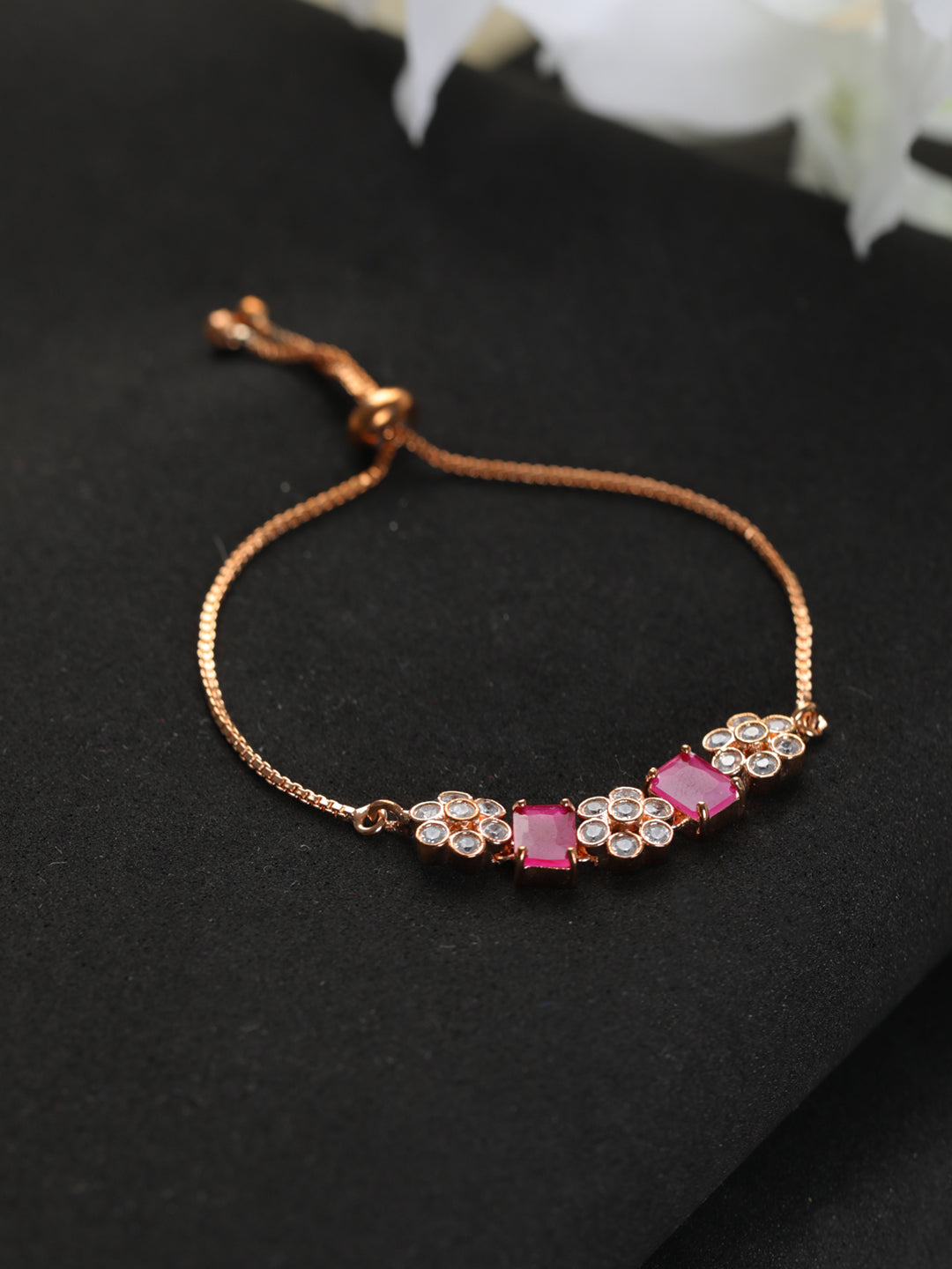 Priyaasi Magenta Floral AD Rose Gold-Plated Link Bracelet