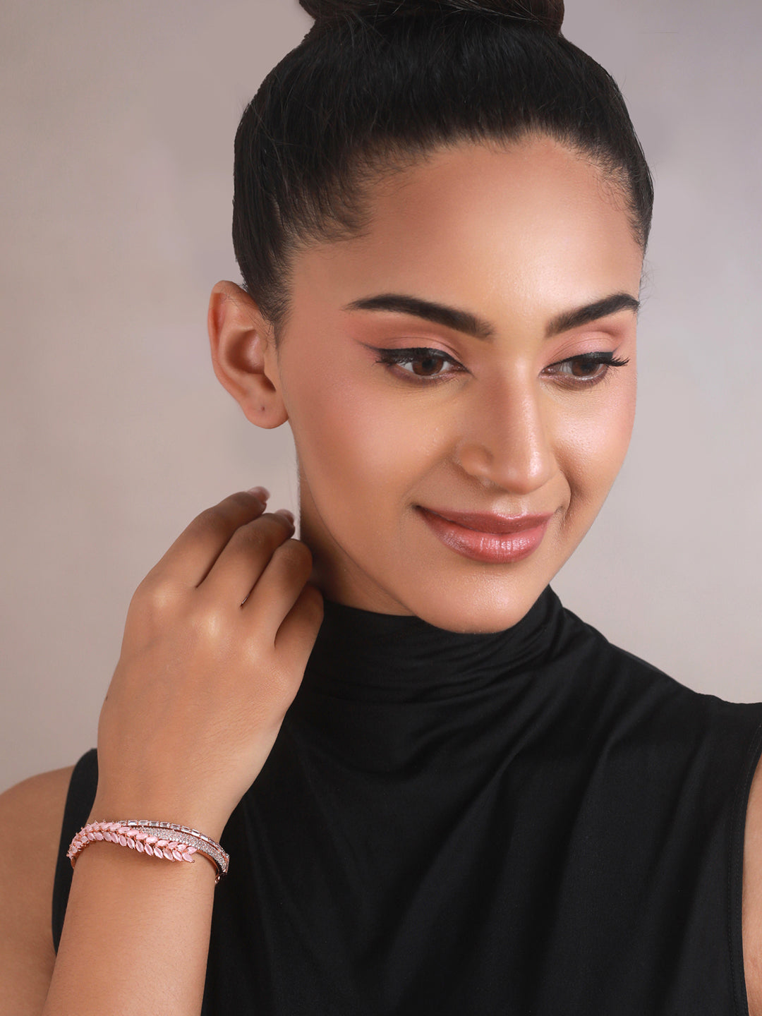 Priyaasi Pretty Pink Leaves AD Rose Gold-Plated Bracelet