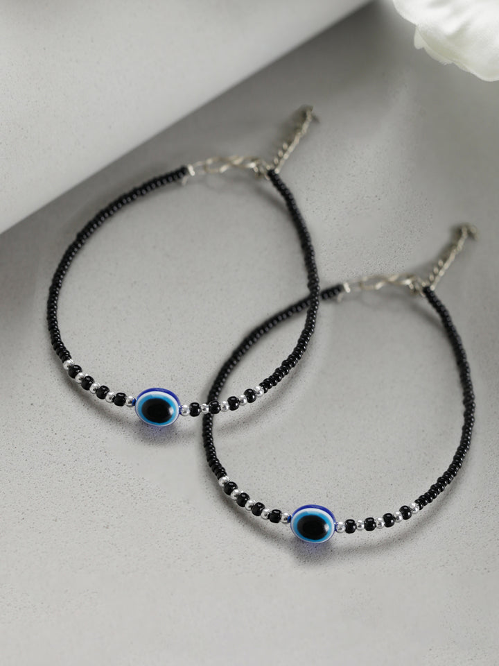 Priyaasi Blue Evil Eye Black Bead Bracelet Set of 2