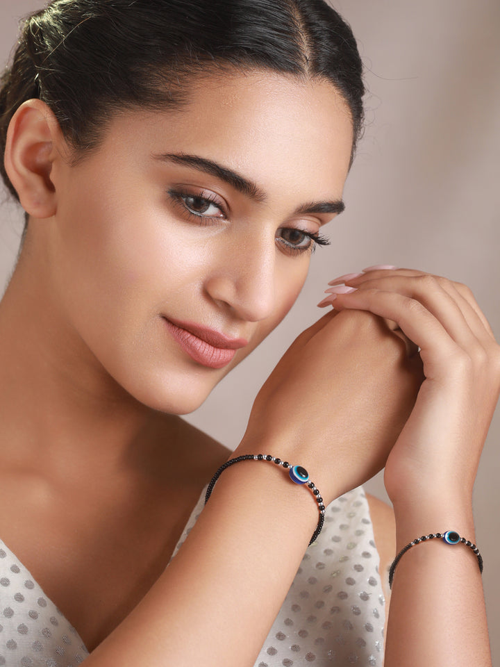 Priyaasi Blue Evil Eye Black Bead Bracelet Set of 2