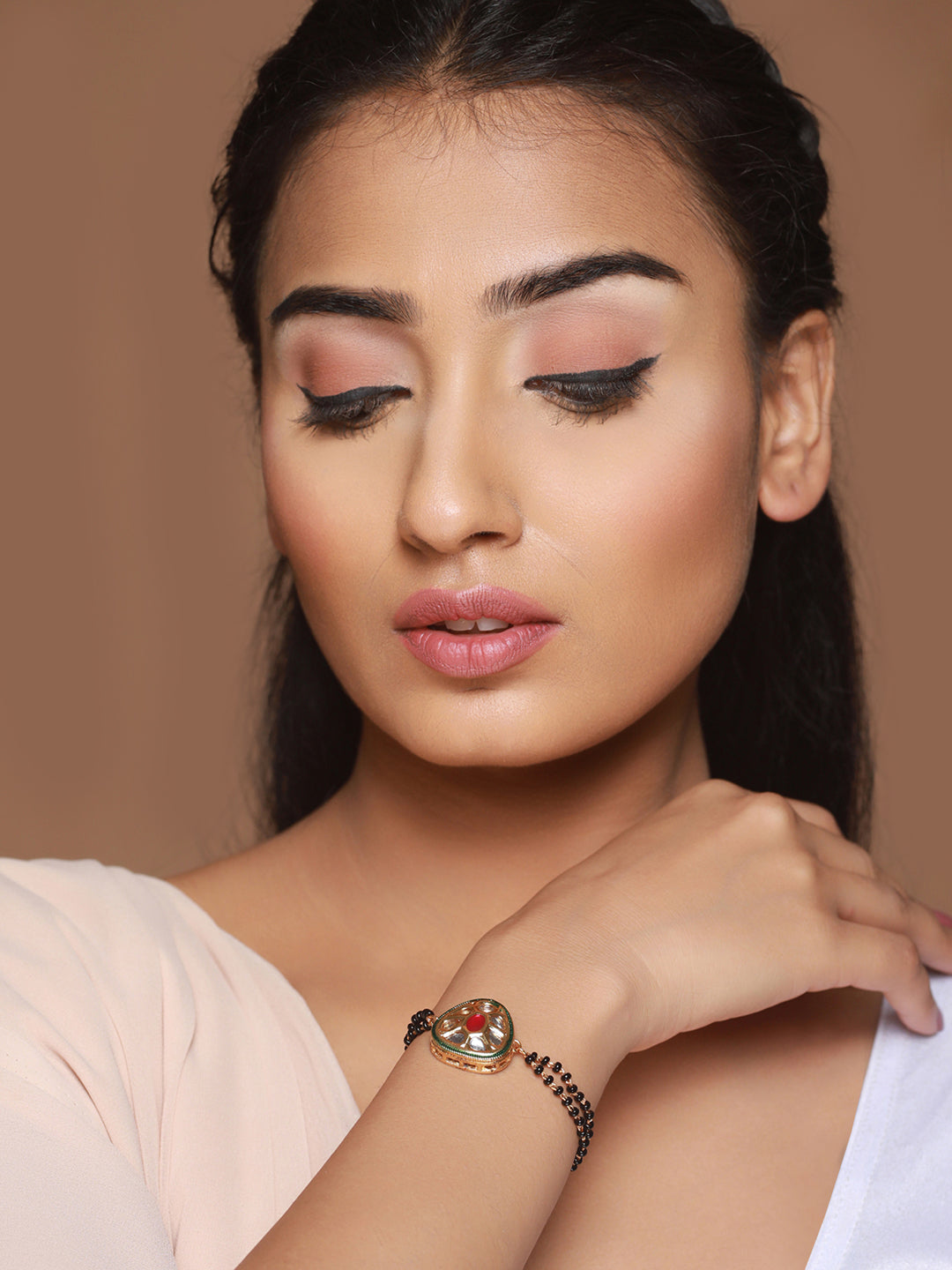 Priyaasi Kundan Black Bead Gold-Plated Mangalsutra Bracelet