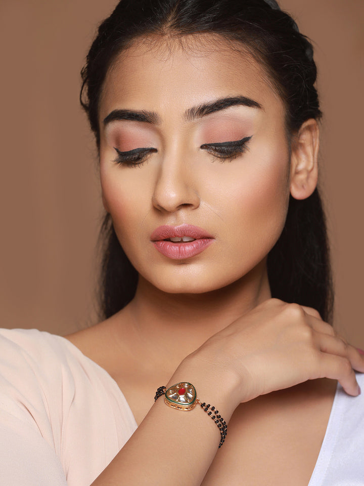 Priyaasi Kundan Black Bead Gold-Plated Mangalsutra Bracelet