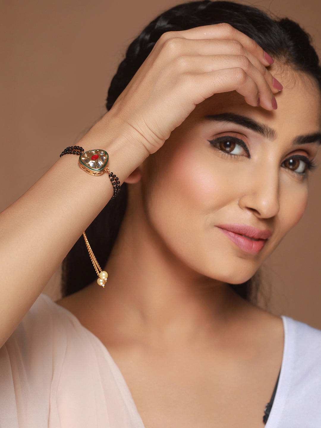 Priyaasi Kundan Black Bead Gold-Plated Mangalsutra Bracelet