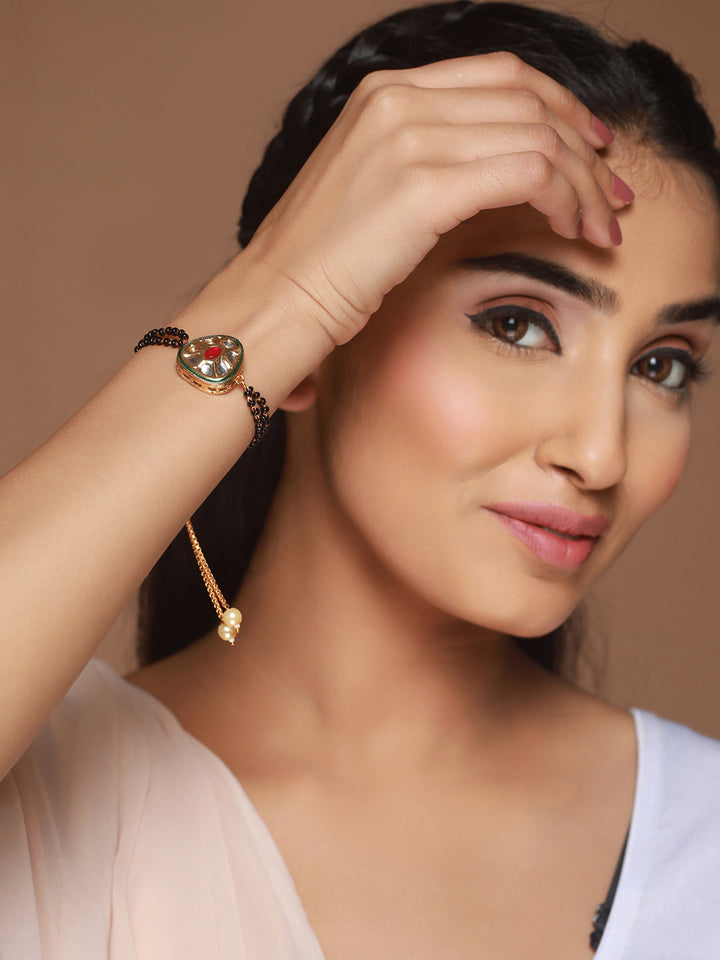 Priyaasi Kundan Black Bead Gold-Plated Mangalsutra Bracelet