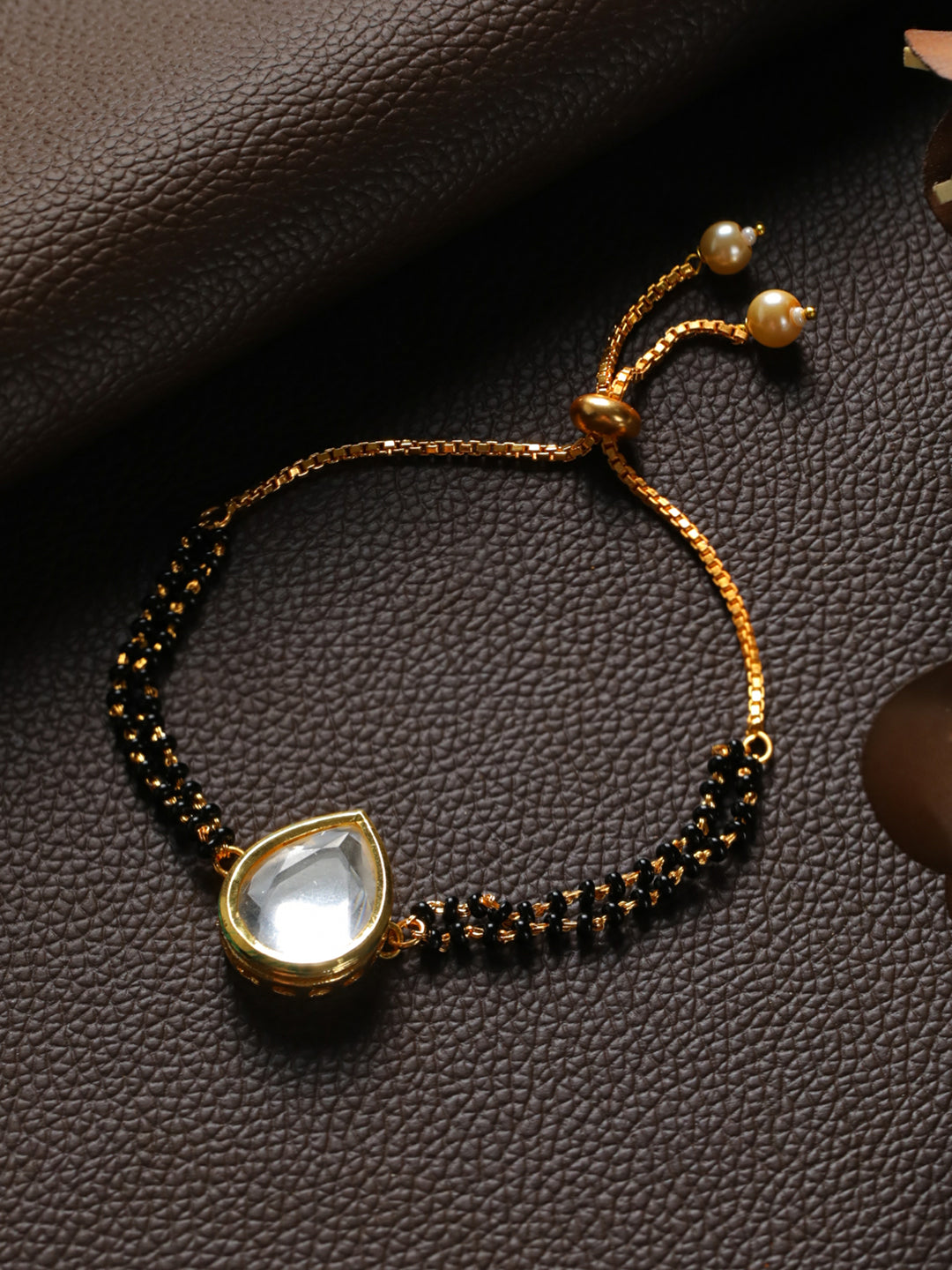 Priyaasi Kundan Pearl Black Bead Gold-Plated Mangalsutra Bracelet