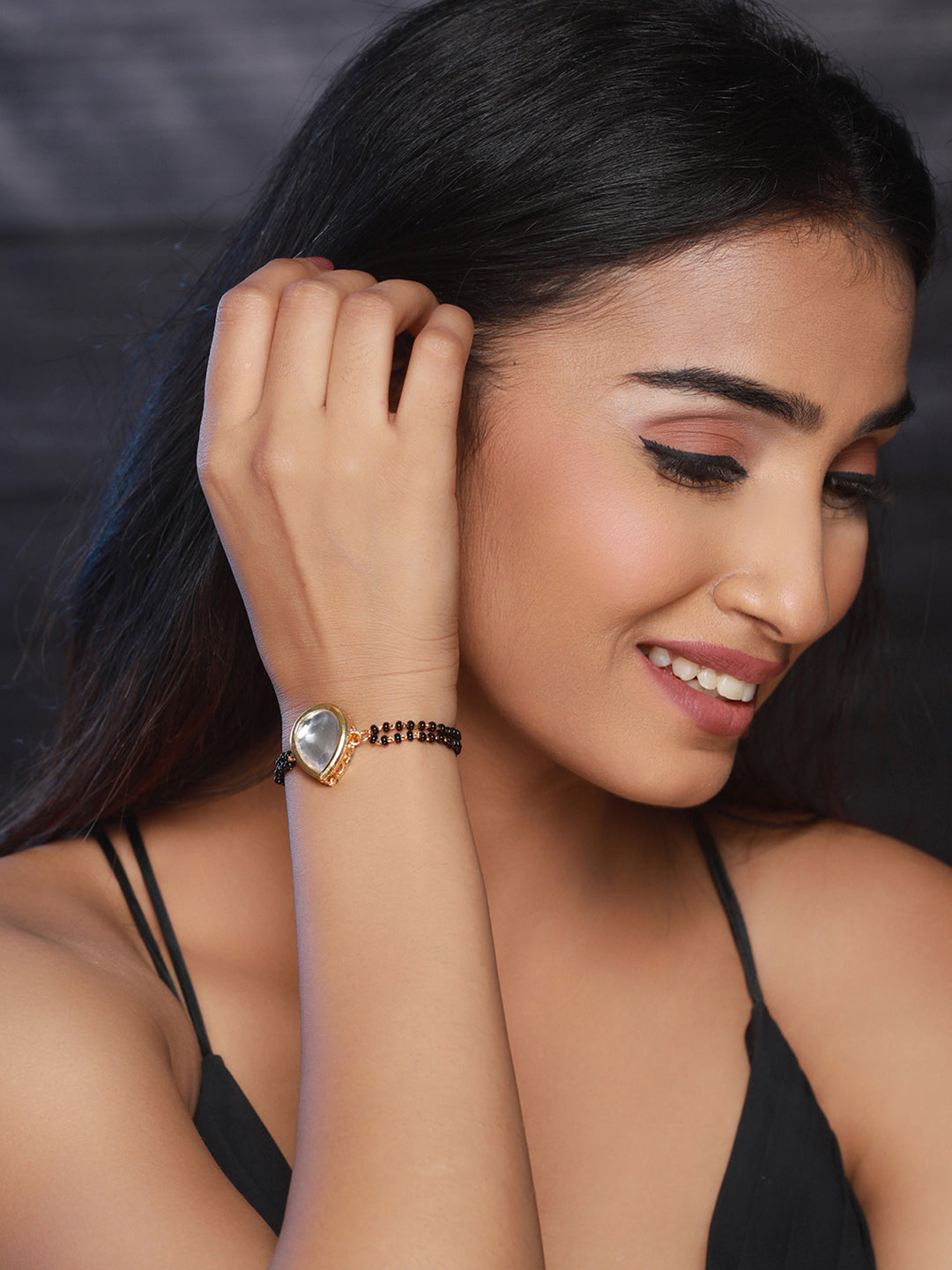 Priyaasi Kundan Pearl Black Bead Gold-Plated Mangalsutra Bracelet