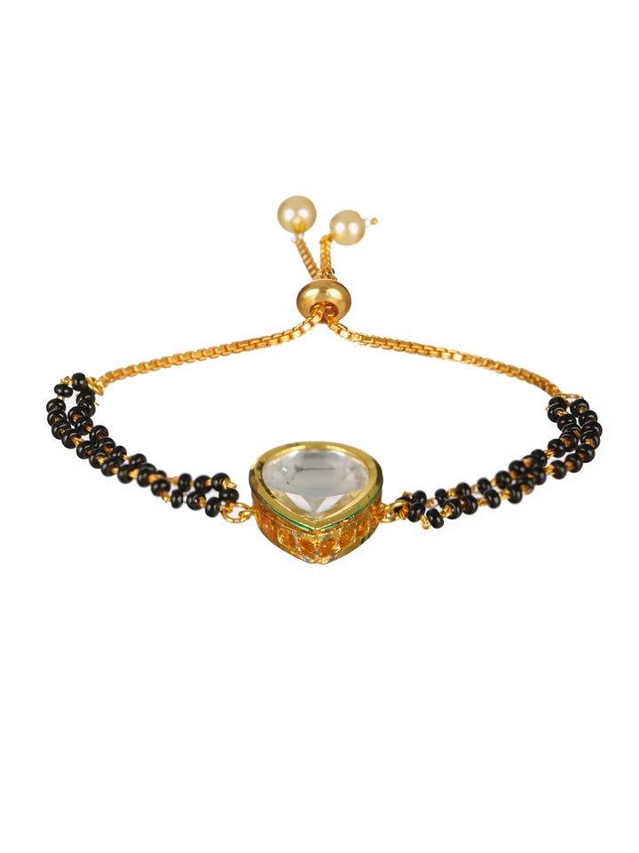 Priyaasi Kundan Pearl Black Bead Gold-Plated Mangalsutra Bracelet
