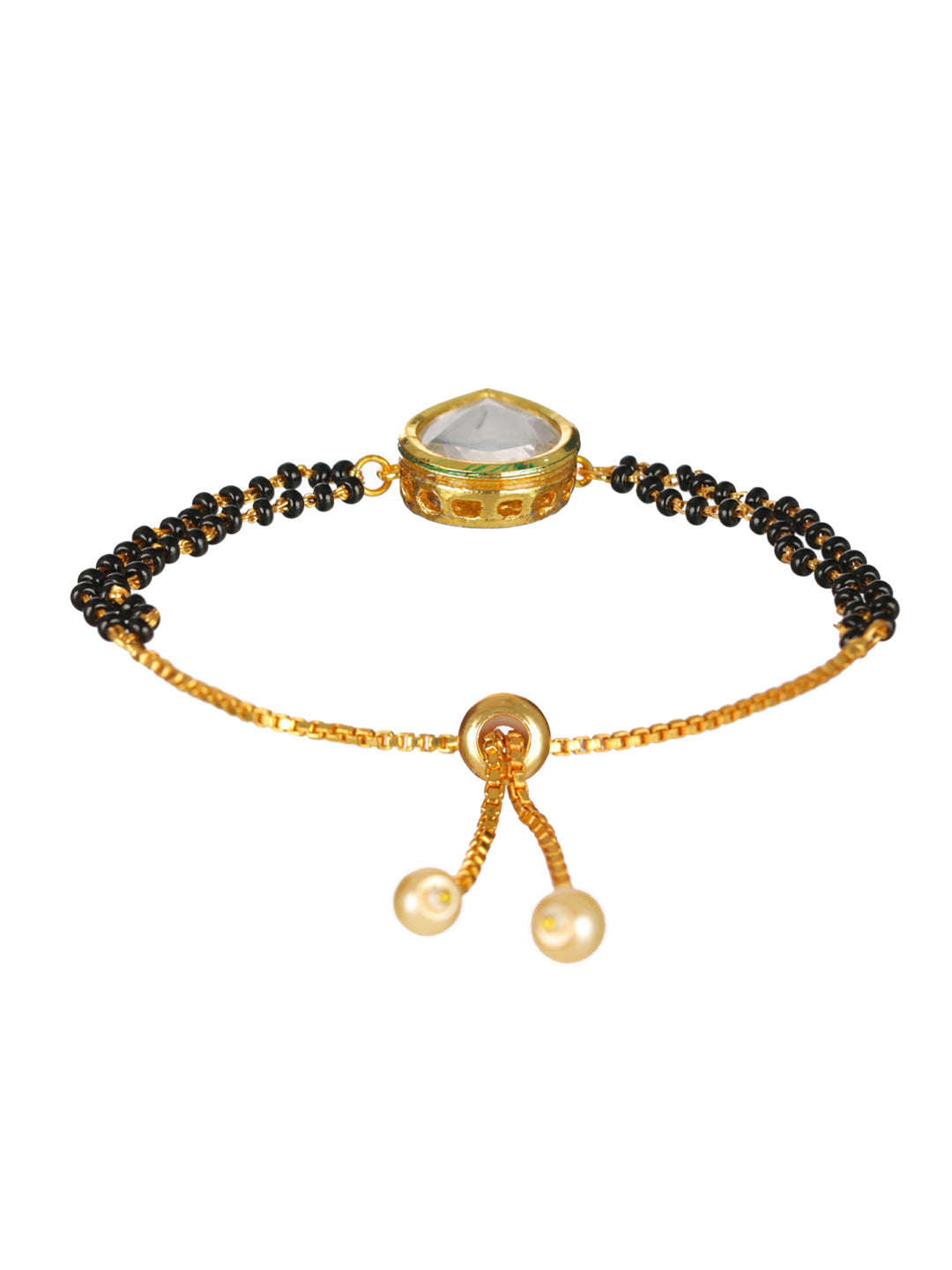 Priyaasi Kundan Pearl Black Bead Gold-Plated Mangalsutra Bracelet